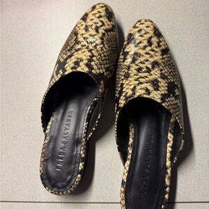 Freda Salvador Black and Tan Snake Print Mules